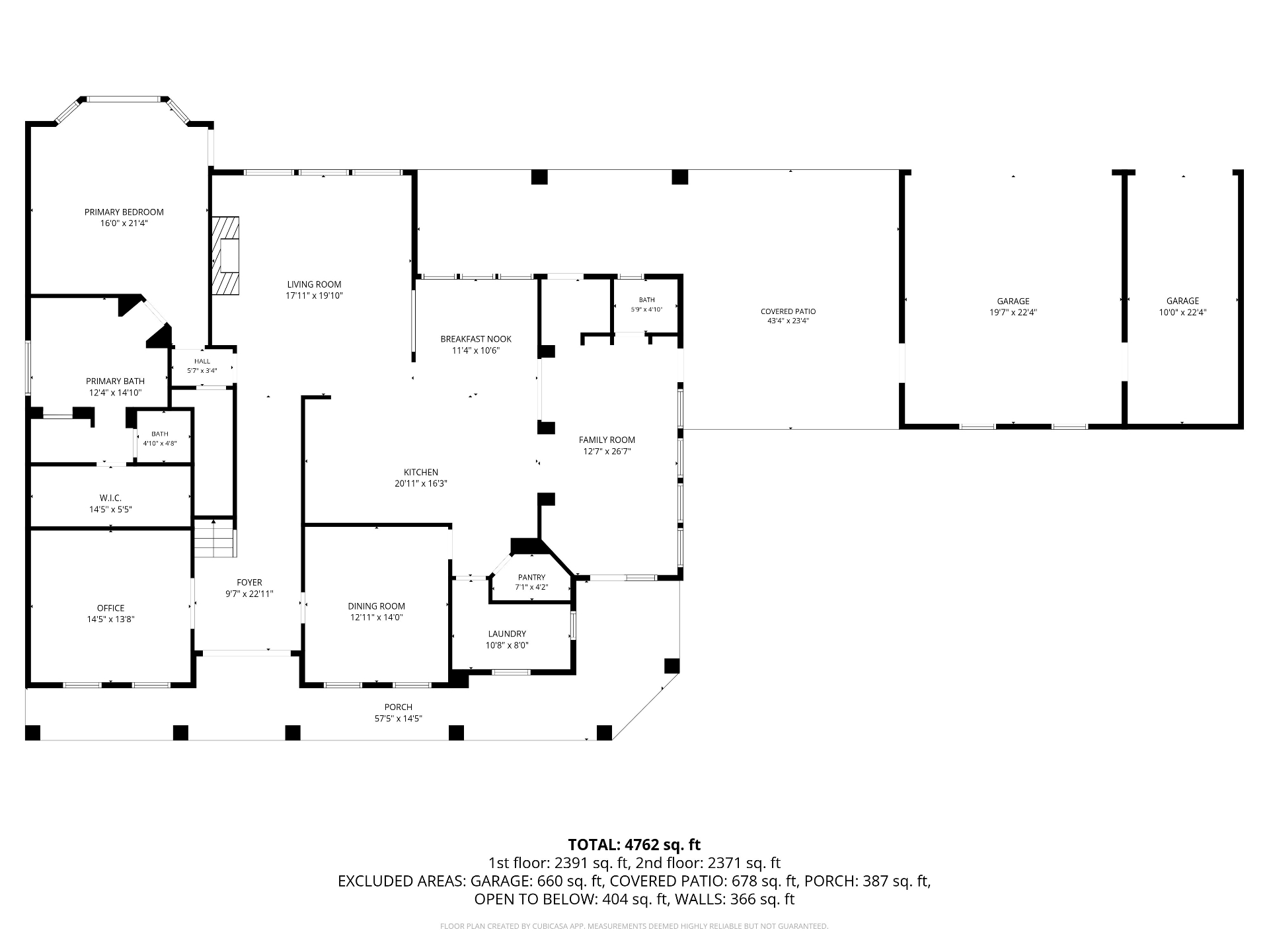First floor plan: primary bedroom and bath, living room, kitchen, breakfast nook, family room, dining, office, foyer, laundry, pantry, covered patio, and three-car garage.